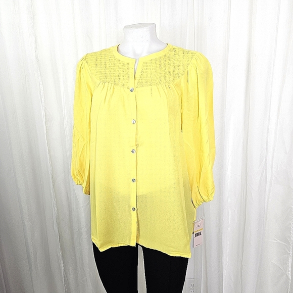 Nanette Lepore Tops - Nanette Lepore Smocked Yoke Limoncello Yellow 3/4 Sleeve Top NWT Medium